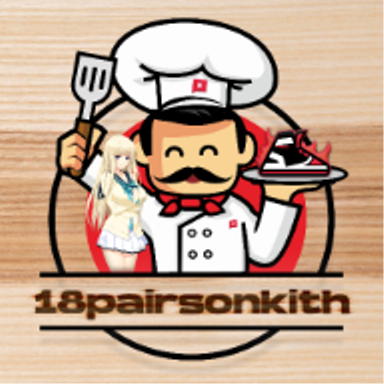 A cartoon illustration of a smiling chef character with a mustache, wearing a white chef's hat and uniform. The chef is holding a spatula in one hand and a covered dish in the other. The character is set within a circular frame, and below it is text that reads '18pairsonkith'. The entire image appears to be etched or printed on a light wooden surface.